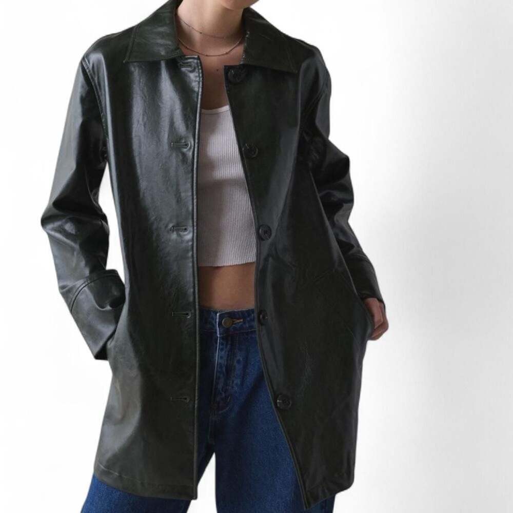 Urban Outfitters Jojo Faux Leather Trench Coat Small Dark Green - Picture 4 of 5